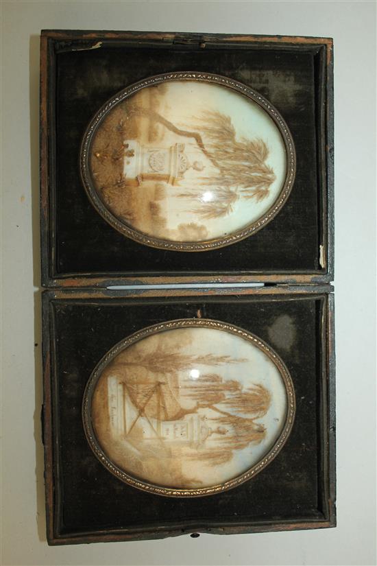 A pair of 19th century French oval memorial hair work pictures, each plaque 4 x 3.25in.